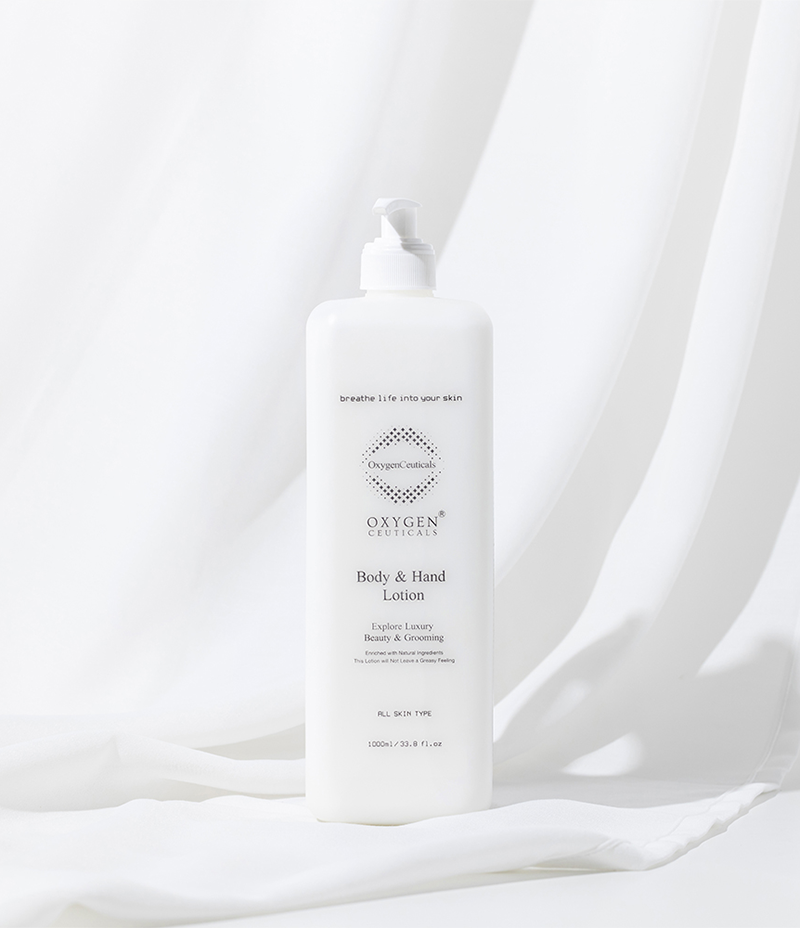 A body and hand lotion bottle for hydrating body care elegantly displayed in front of pristine white curtains.