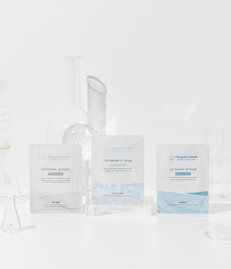Range of Ceutisome Mask Line product packages standing in a neat row against a pristine laboratory backdrop.