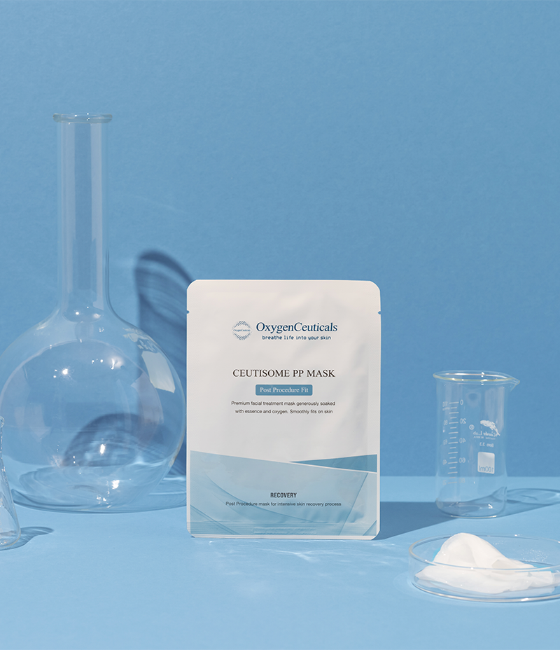  Irritated skin remedy, the Ceutisome PP Mask, showcased on a vivid blue backdrop with science lab equipment like beakers and test tubes nearby.