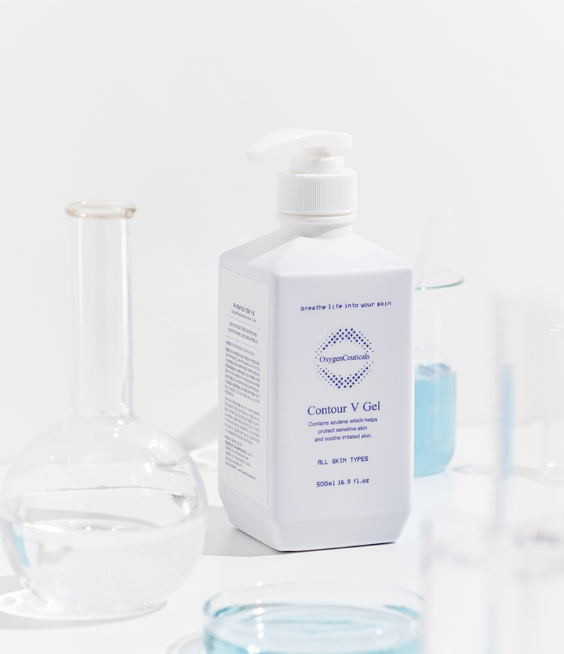 An azulene ultrasonic skincare treatment solution, Contour V Gel, intended for LDM and HIFU procedures, showcased in a clean, modern lab environment.
