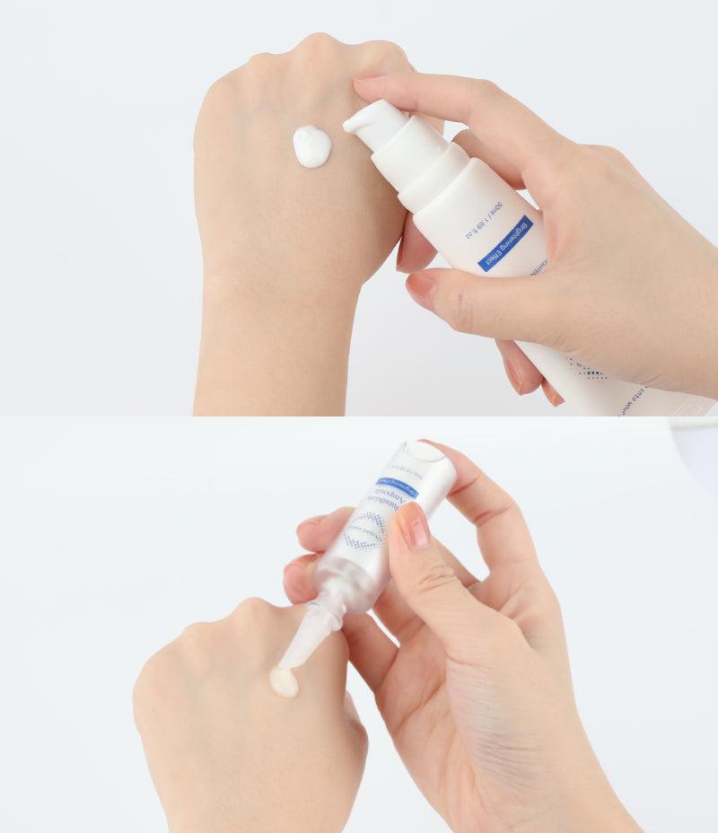 Using Giga White complex products, the Glutathione Ampoule and Tone Up Cream being applied to the back of a hand.