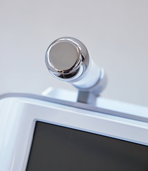 A closeup of the HiFULDM HiFU handpiece used for ultrasonic skincare treatments.