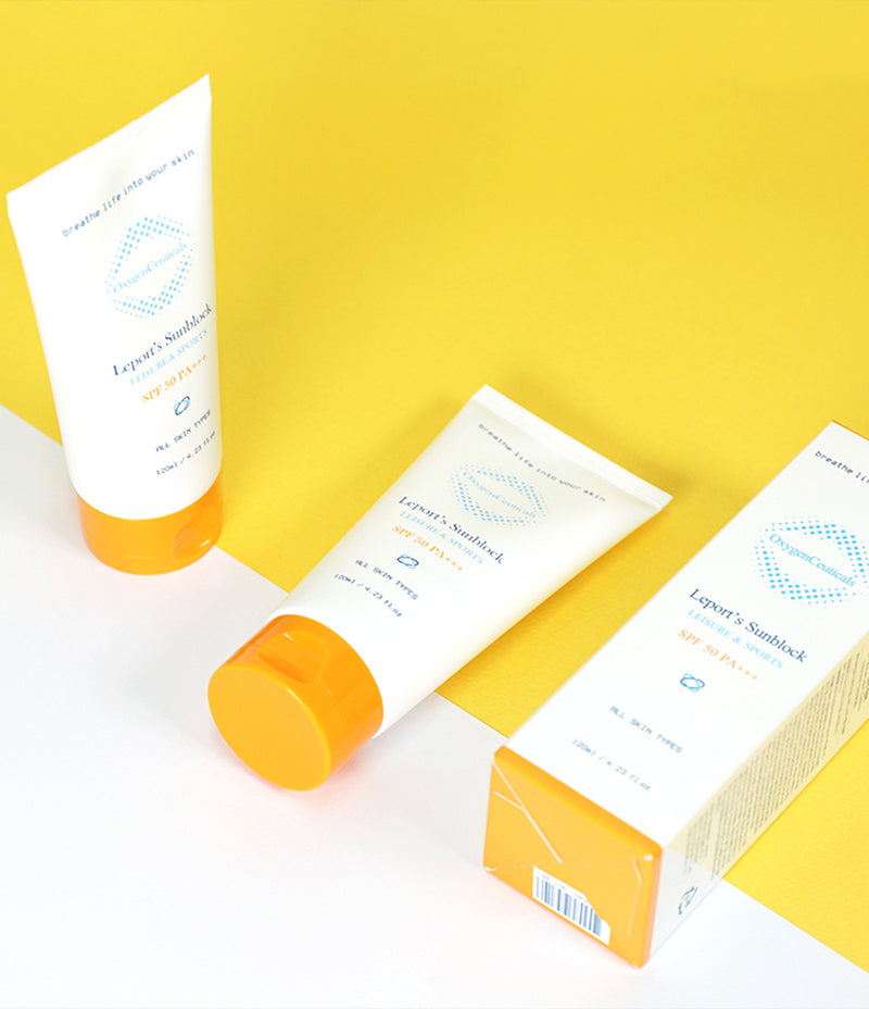 Two tubes of Leport's Sunblock promising protection from head to toe against harmful UV rays, showcased against a vibrant yellow background.