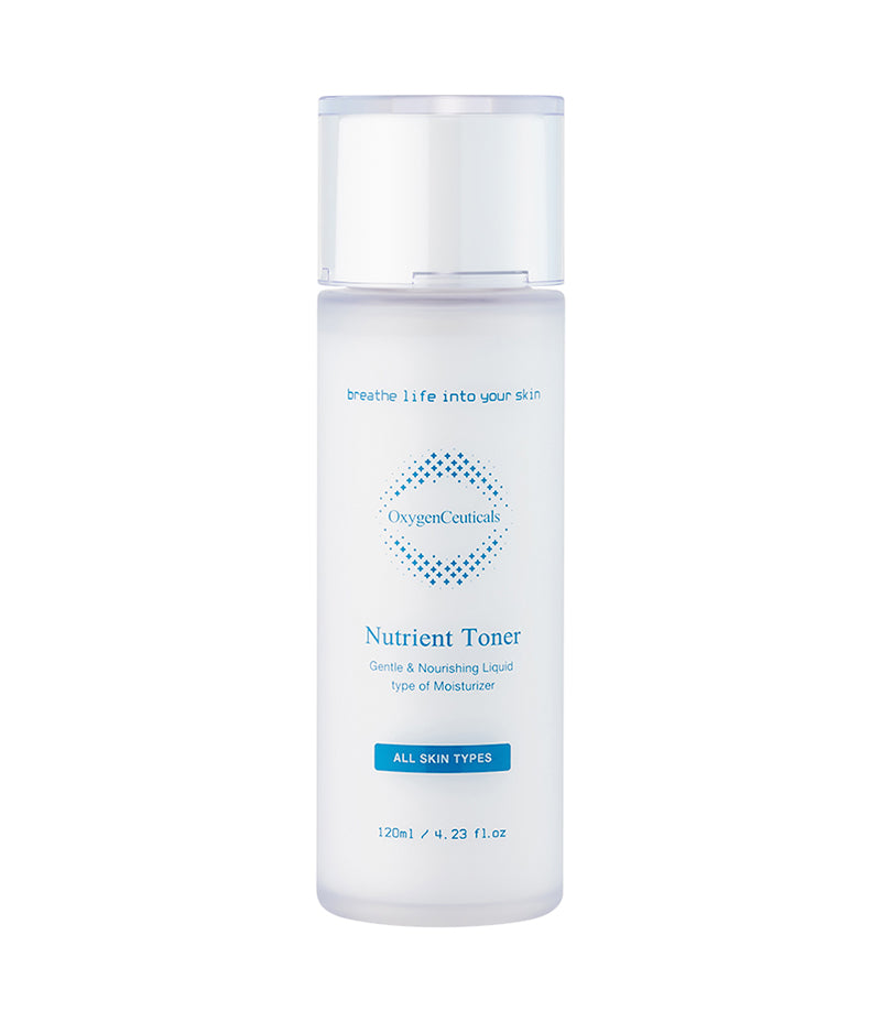120ml bottle of Nutrient Toner facing front with logo and name visible for toning of skin.