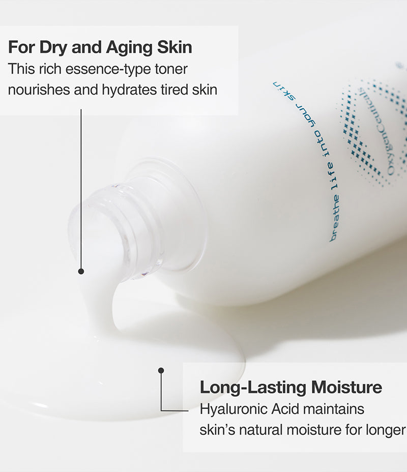 Toning of skin. Image of Nutrient Toner milky texture with text that reads: For Dry and Aging Skin, and Long-Lasting Moisture.