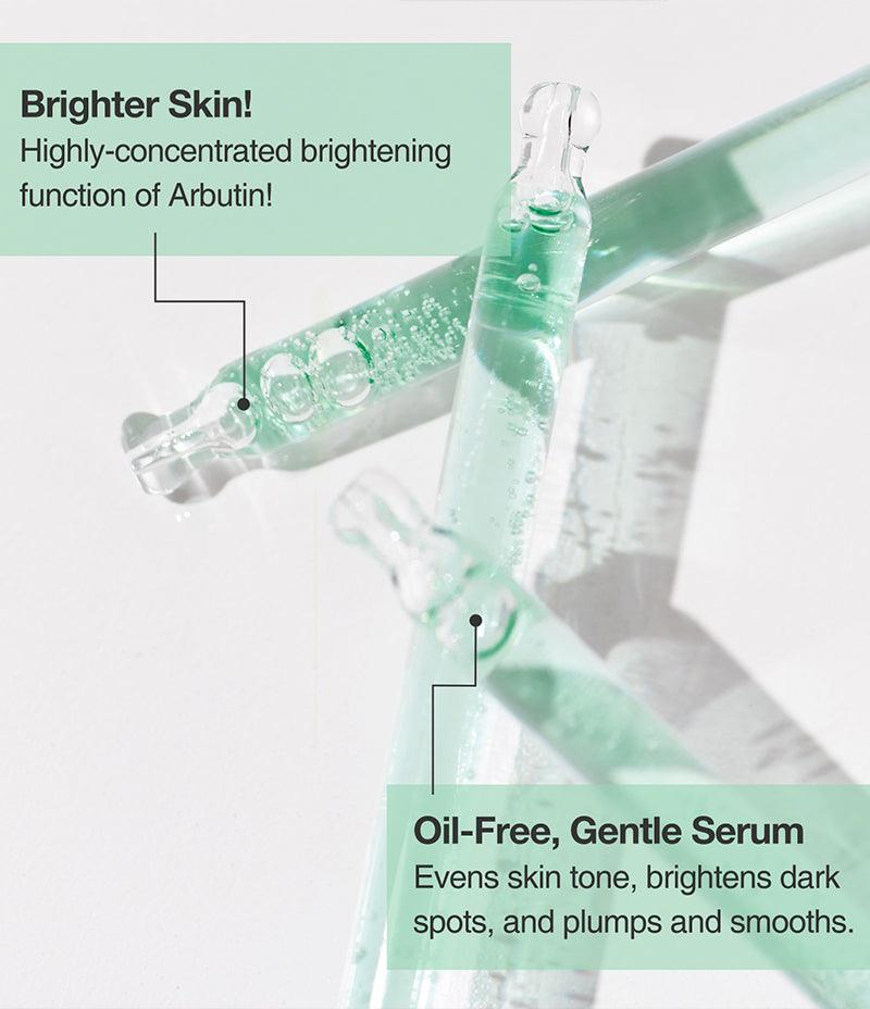 Spoids filled with green Phyto Gel with text that reads: Brighter Skin and Oil-Free, Gentle Serum.