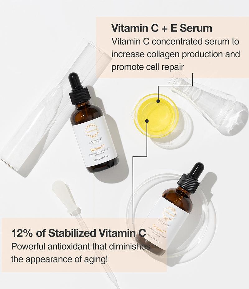 Two bottles of Serum 17 lay on a white table with beakers. Text reads: Vitamin C+E Serum and 12% of Stabilized Vitamin C.