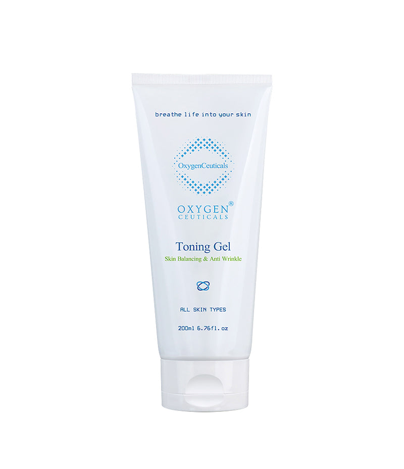 200ml bottle of Toning Gel facing front with name and logo. For toning of skin. Suitable for sensitive skin as it includes soothing ingredients such as centella leaf extract, cica. Oxygen gel.