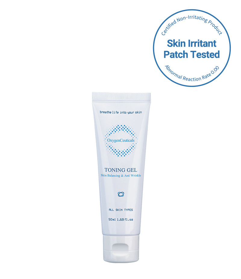50ml bottle of Toning Gel facing front. This product has been skin irritant patch tested and proven to be non-irritating to the skin. For toning of skin. Oxygen gel.