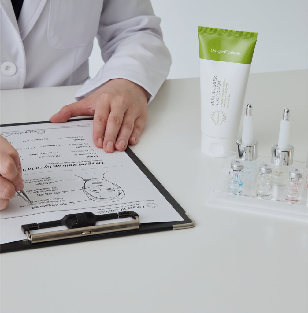 Closeup of a professional dermatologist working on a client's skin type sheet next to OxygenCeuticals' patented Ceutisome solution and Skin Barrier Ato Cream.
