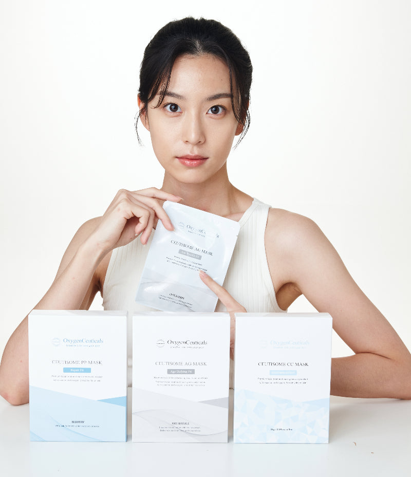 Model presenting the elasticity boosting AG Mask in front of a collection of Ceutisome Sheet Masks.