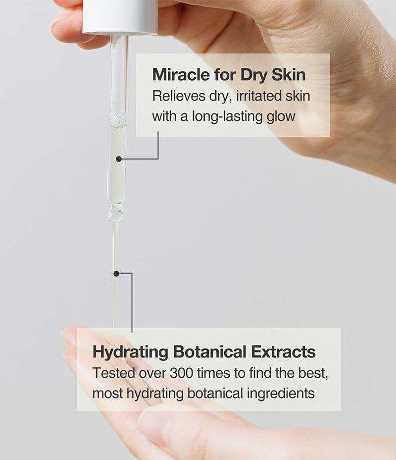 A person applying the Acell-300 Fluid onto their hand with text that reads: miracle for dry skin; Hydrating botanical extracts.