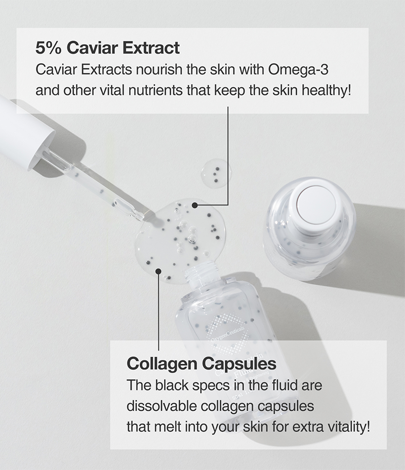 Closeup of the collagen capsule-encapsulated fluid texture with text that reads 5% Caviar Extract and Collagen capsules.