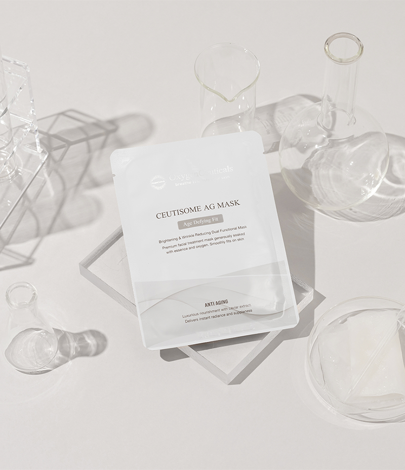 Skin care product Ceutisome AG Mask designed for wrinkle improvement, displayed with scientific apparatus on a light gray backdrop.