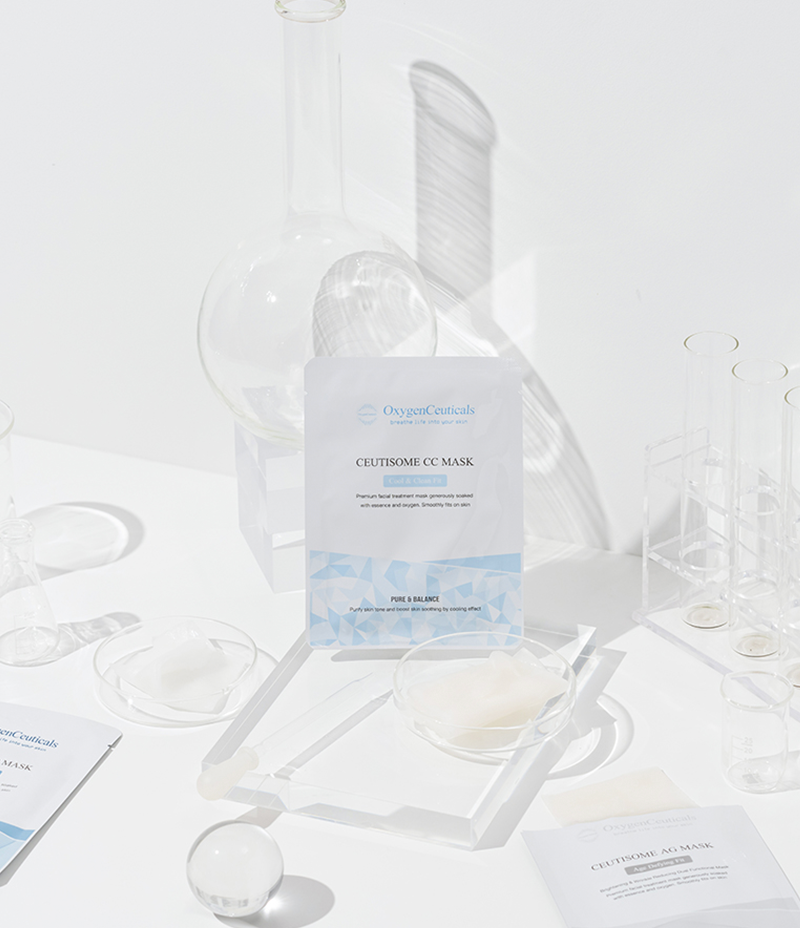Pristine lab setting emphasizing a package of the soothing Ceutisome CC calming mask.
