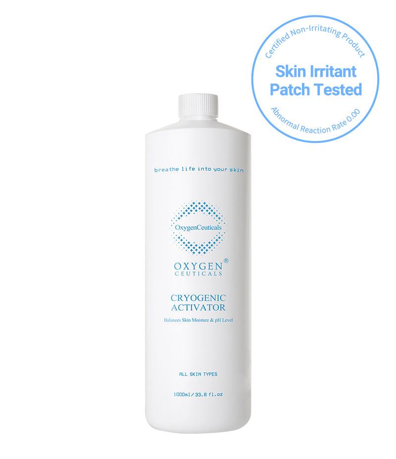 1000ml bottle of Cryogenic Activator facing front with name and logo visible. This product has been skin irritant patch tested and proven to be non-irritating to the skin. 