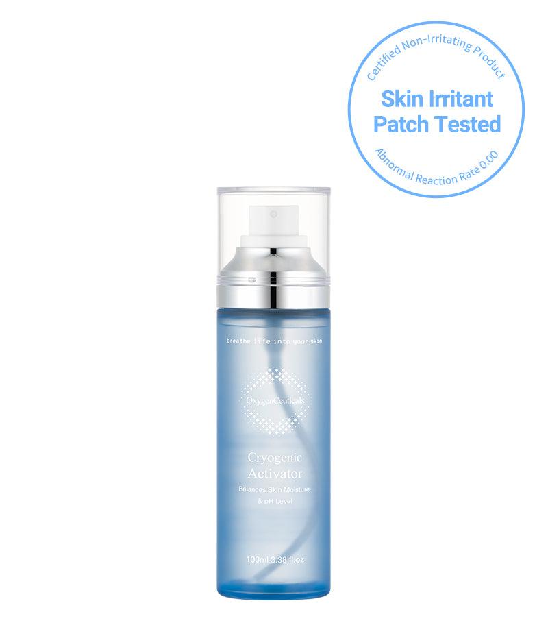 Bottle of Cryogenic Activator 100ml facing front with name and logo visible. This product has been skin irritant patch tested and proven to be non-irritating to the skin. 