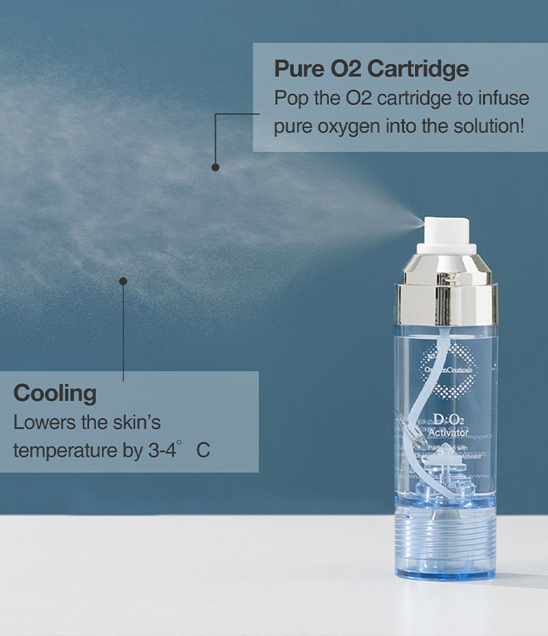 The D:O2 Activator contains a pure O2 cartridge thhat infuses pure Oxygen into the solution. The D:O2 Activator cools the skin temperature by 3-4 degrees celcius.