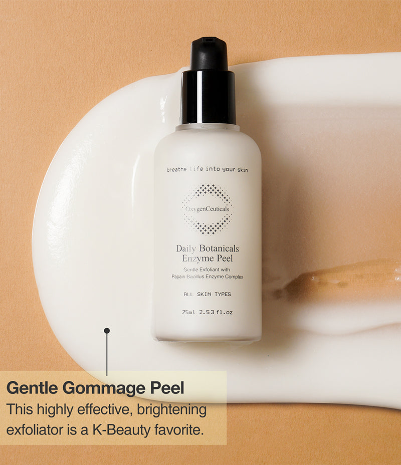 Daily Botanicals Enzyme Peel lying on a pile of emulsion with the caption: Gentle Gommage Peel, this highly effective, brightening exfoliator is a K-Beauty favorite.
