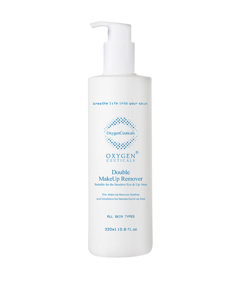 Front-facing image of Double Makeup Remover 320ml bottle with name and logo