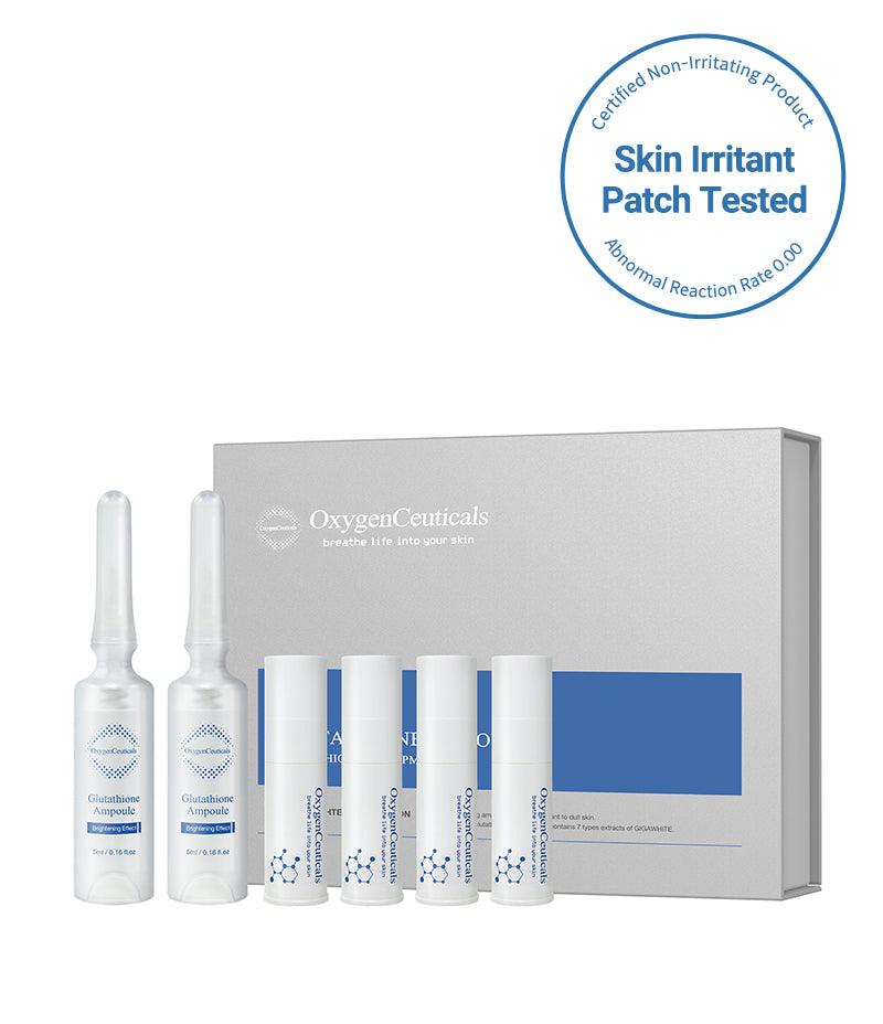 Front image of the Glutathione Ampoule Set. This product has been skin irritant patch tested and proven to be non-irritating. 