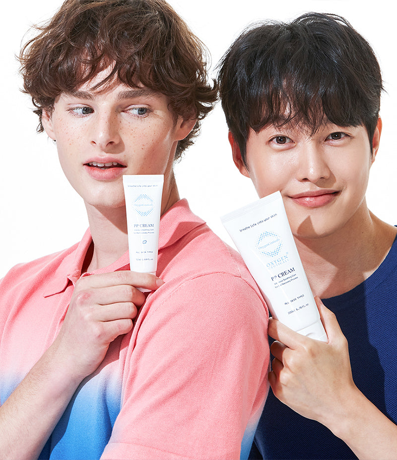 Skin care advertisement featuring two males holding Niacinamide infused PP Cream for brightening care