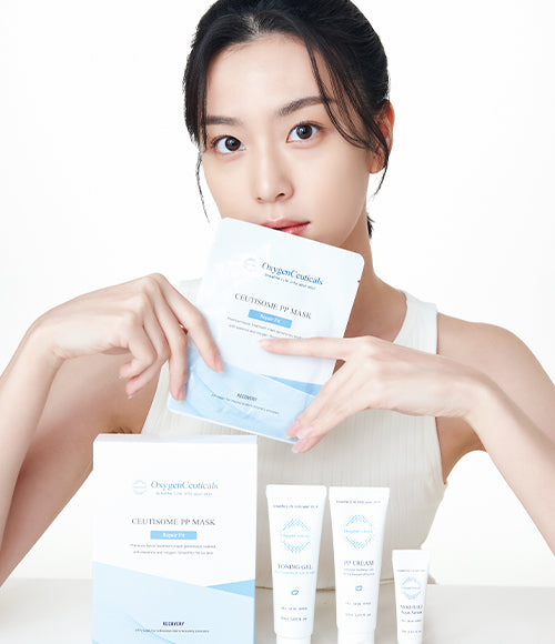 Model showcasing range of PP Line products for sensitized skin, including Toning Gel, PP Cream, Moisture Aqua Serum, and PP Mask.