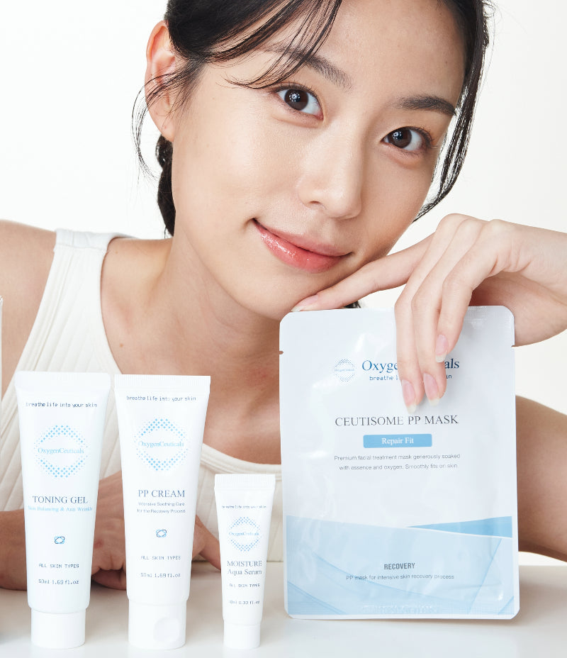 Image featuring a model with SOS PP Kit products, recognized as the skin recovery best sellers: Toning Gel, PP Cream, Moisture Aqua Serum, and PP Mask.
