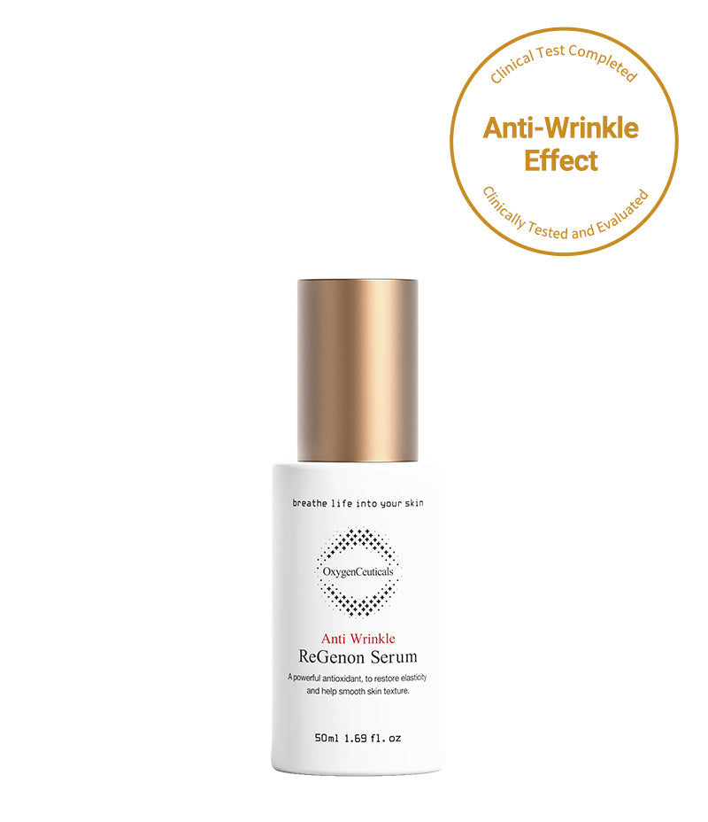 50ml bottle of ReGenon Serum. This product has been clinically tested and proven to have anti-wrinkle effects.