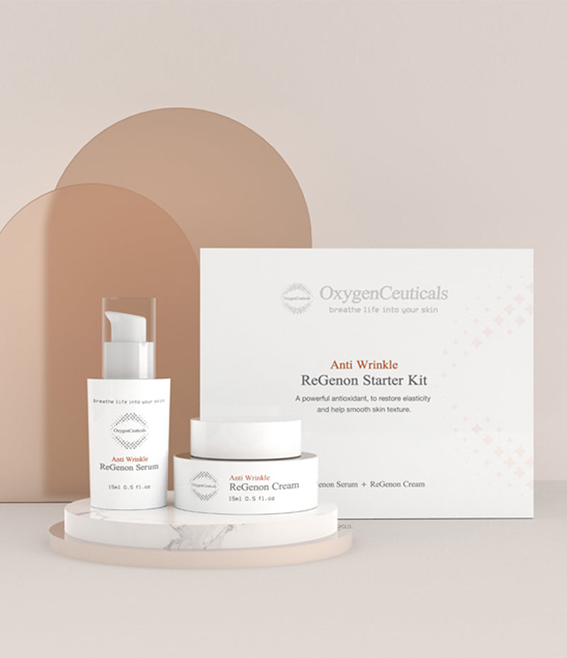 ReGenon Starter Kit for an effective anti wrinkle skincare routine displayed against a red desert backdrop.