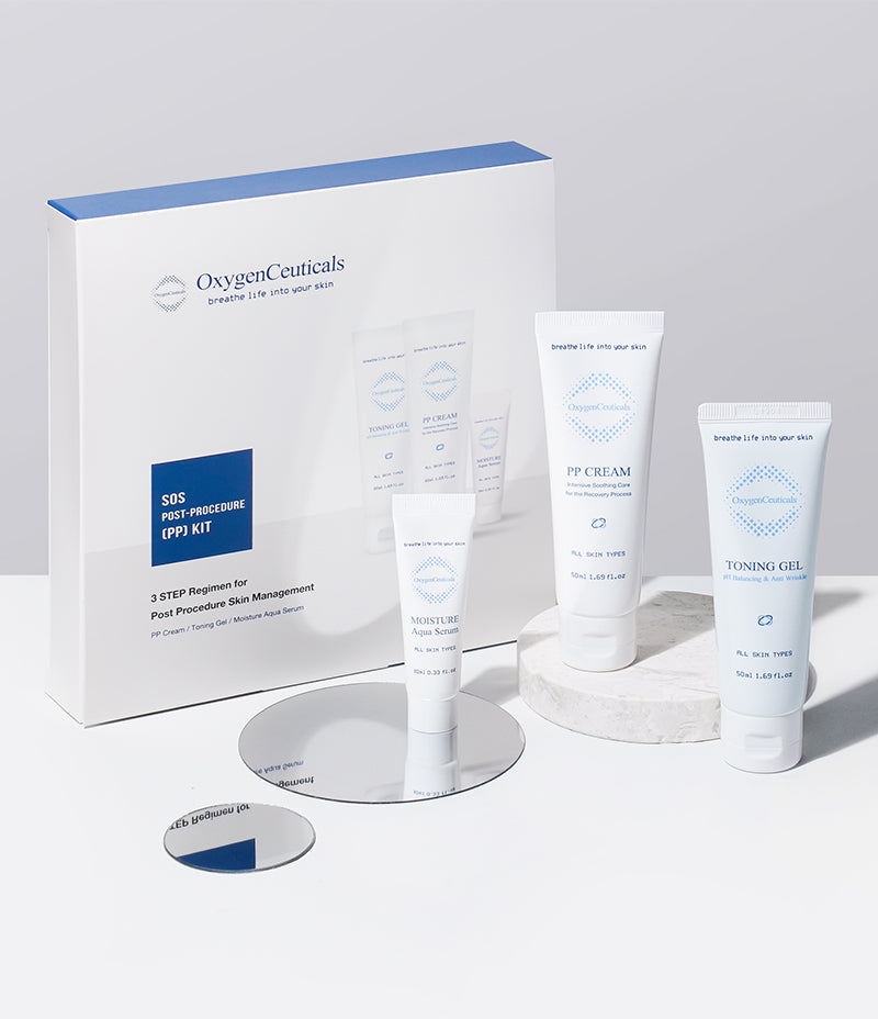 Post procedure skincare items from the SOS PP Kit laid out on a clean, white surface.