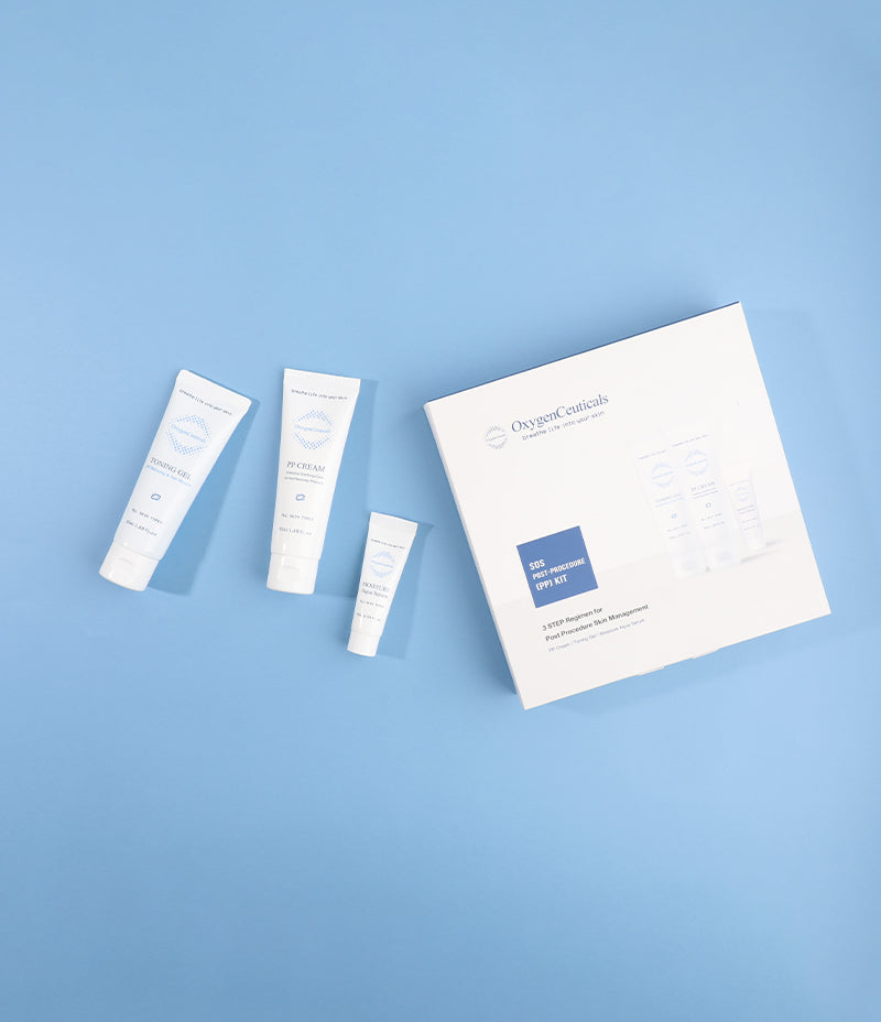 The complete range of SOS PP Kit's healing skincare products, featuring Toning Gel, PP Cream, and Moisture Aqua Serum on a clean blue backdrop.
