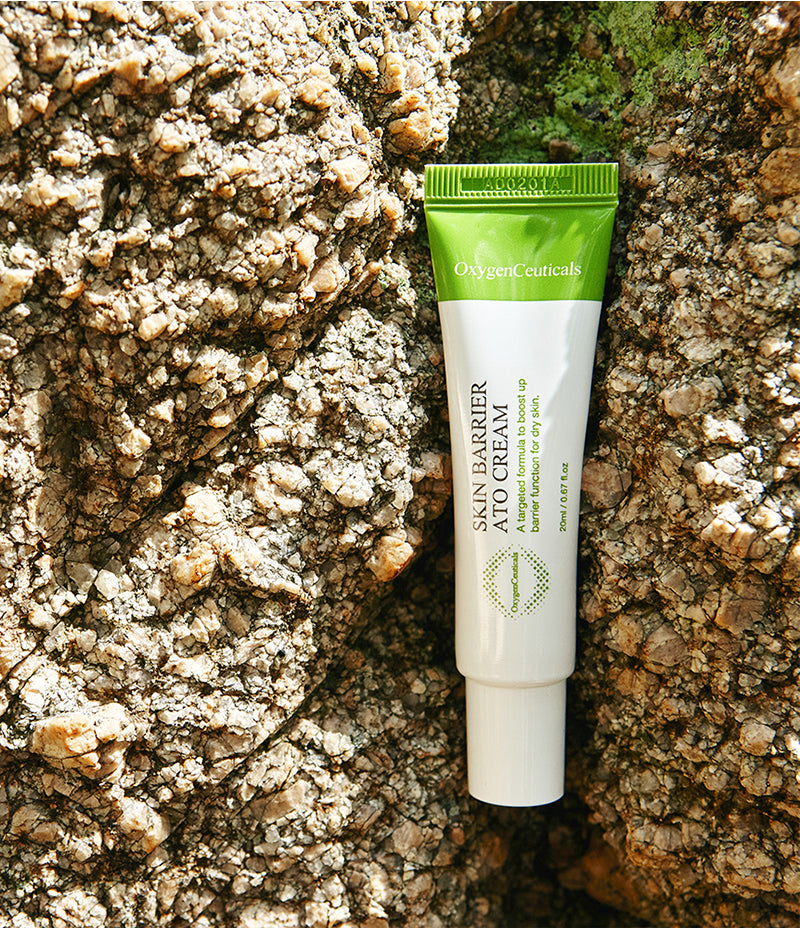 An image showcasing a tube of Skin Barrier Cream stuck in the crack of moss-covered stones, representing boosted barrier function.