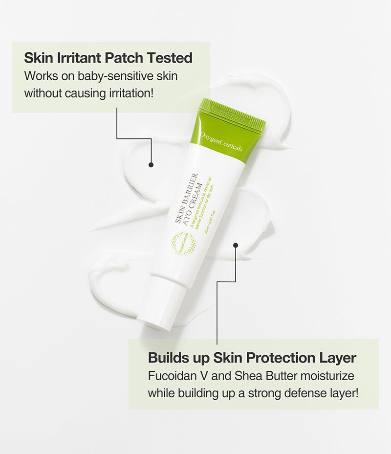Skin irritant patch tested Skin Barrier Ato Cream tube resting on a backdrop of product explanation, exemplifying a skin protection layer.