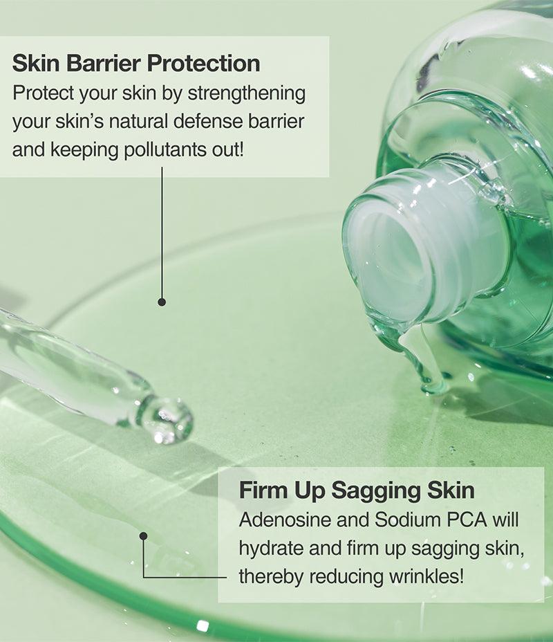 Closeup of the rich Skin Barrier Fluid texture with text that reads: Skin Barrier Protection and Firm Up Sagging Skin.