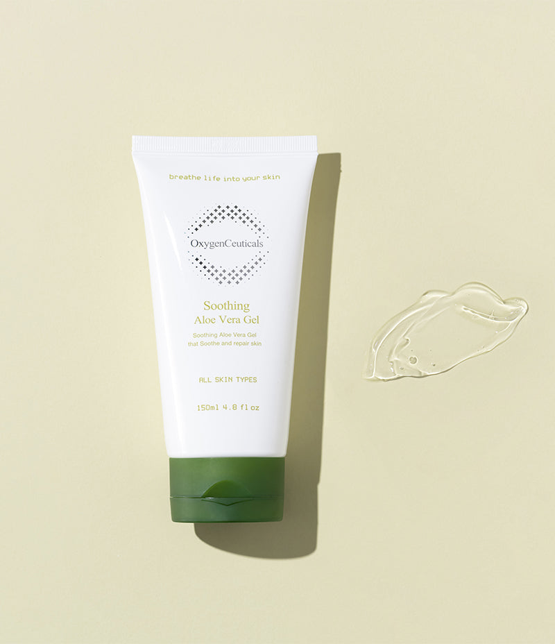  Rich soothing and moisture Aloe Vera Gel presented next to a swatch on a bright green background.