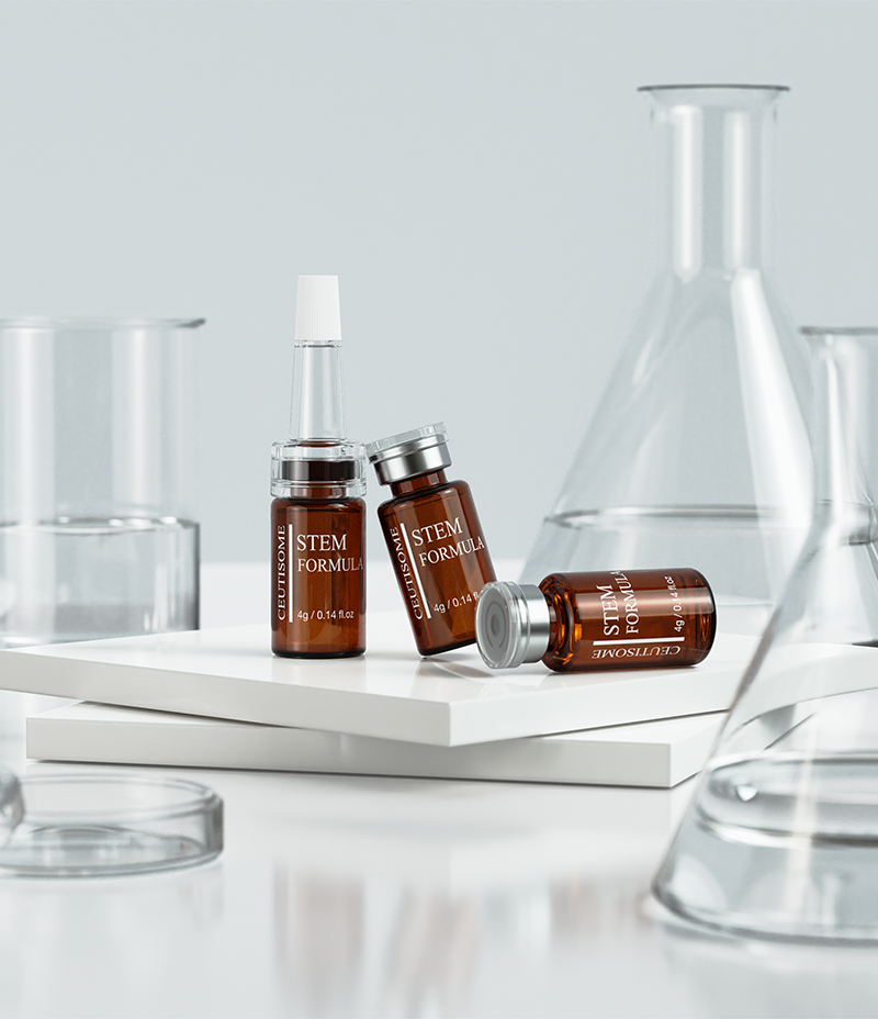 Three Ceutisome Stem Formula pure o2 ampoules admirably presented against the backdrop of laboratory beakers and test tubes.