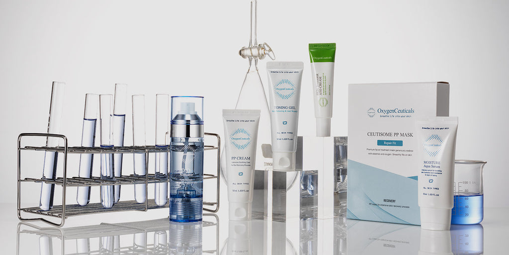Top-selling OxygenCeuticals skincare items, specialized for oxygen therapy, placed neatly on a shiny lab counter.